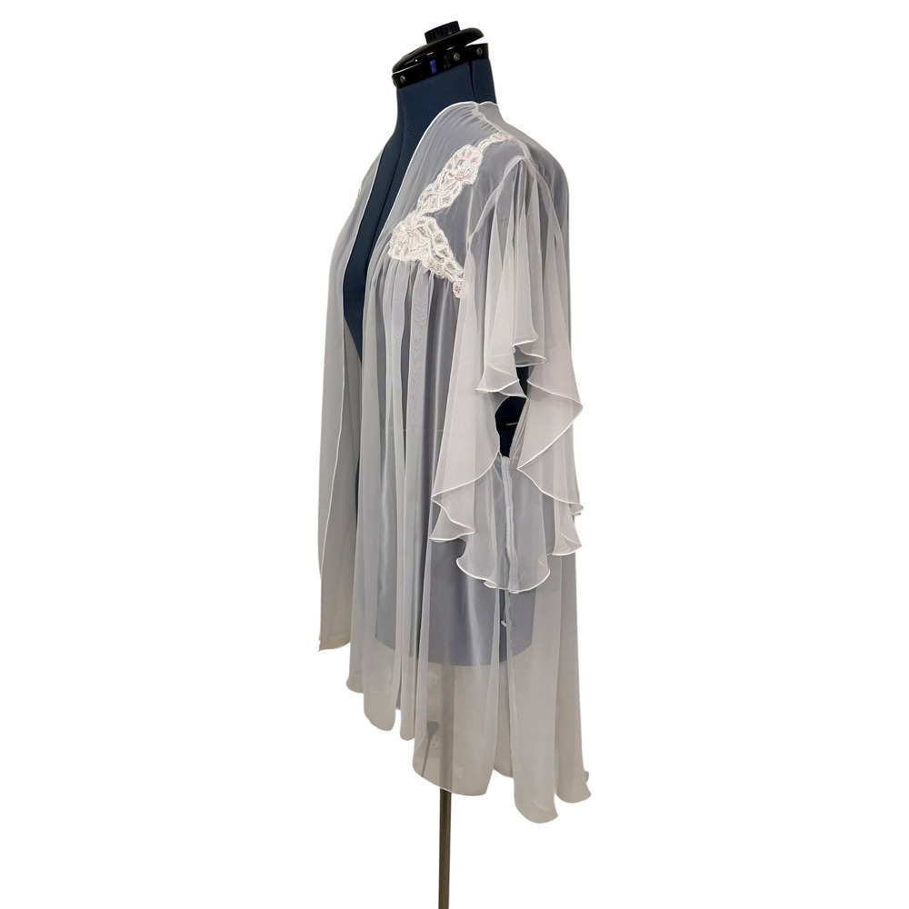 Vintage Enticements Sheer White Chiffon Robe Lace Pearl Ruffle Sleeve Peignoir M - Picture 2 of 16